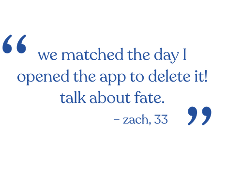 Quote in dark blue text on a black background reads: "we matched the day I opened the app to delete it! talk about fate. - zach, 33."