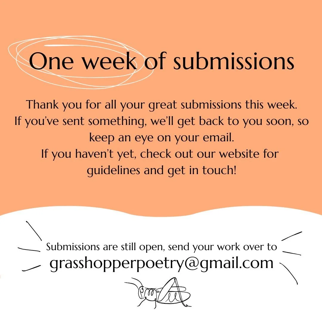 It&rsquo;s been one week since we&rsquo;ve opened submissions, and we&rsquo;ve already received some great pieces! 
If you&rsquo;ve sent us something, thank you so much for taking the time to share your work with us. We&rsquo;ll get back to you soon 