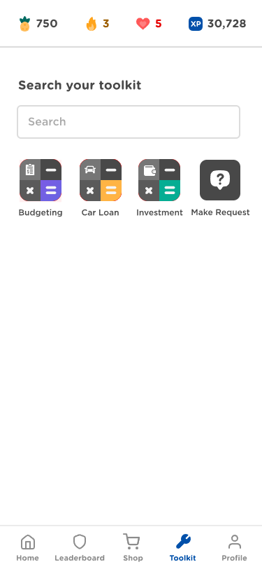 Toolkit tab showing a search bar and navigation icons for Budgeting, Car Loan, and Investment calculators. Status bar shows 750 pineapples, a 3-day streak, 5 hearts, and 30,728 XP.