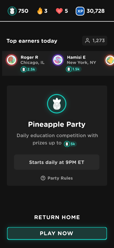 Pineapple Party screen featuring today's top earners and a card for a daily education competition starting at 9 PM ET with 5,000 pineapple prizes. Includes a "Play Now" button