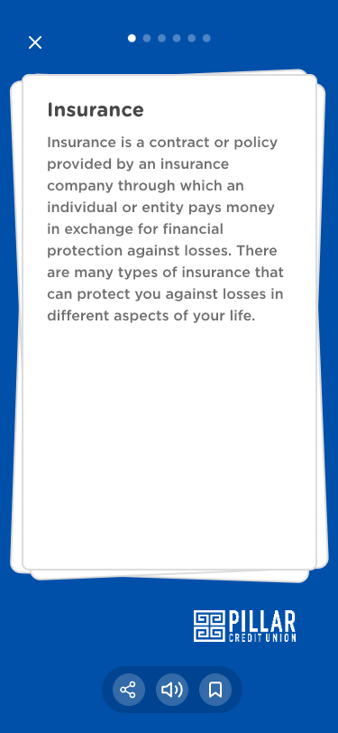 Educational slide titled "Insurance" defining it as a contract for financial protection against losses. Includes Pillar Credit Union logo and icons for share, audio, and bookmarking.