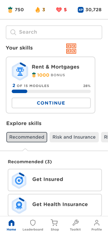 Progress indicator for rent and mortgages module, showing 28% completion, skills worked on, and recommended tasks to complete next including "get insured" and get health insurance