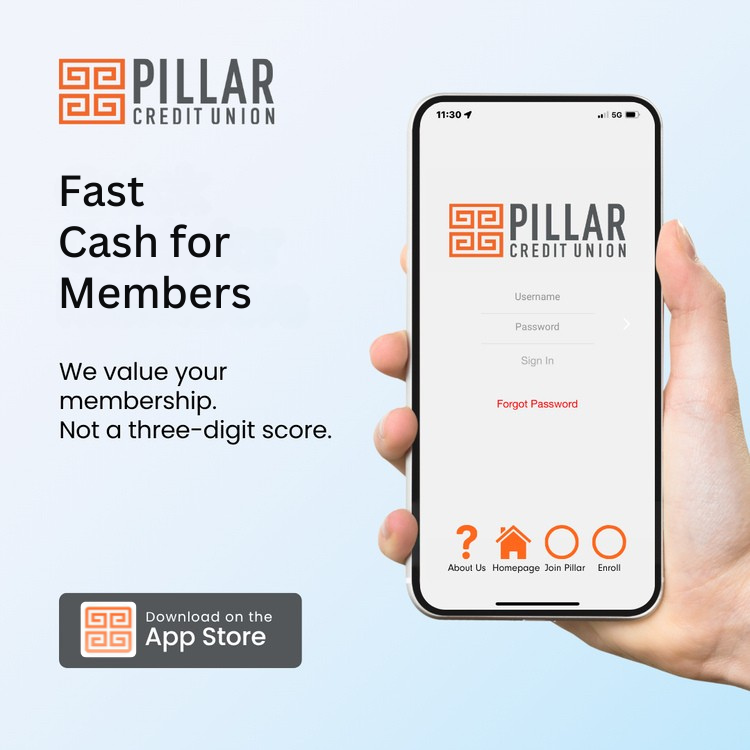 Quick Cash for Members. We value your membership. Not a three-digit score. Hand holds phone showing app login. Download on the App Store button.