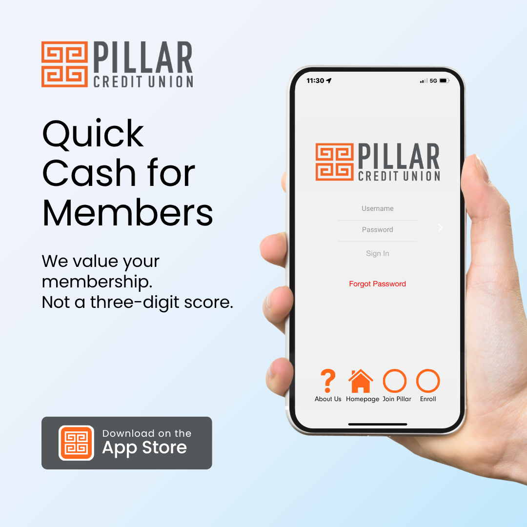 Quick Cash for Members. We value your membership. Not a three-digit score. Hand holds phone showing app login. Download on the App Store button.
