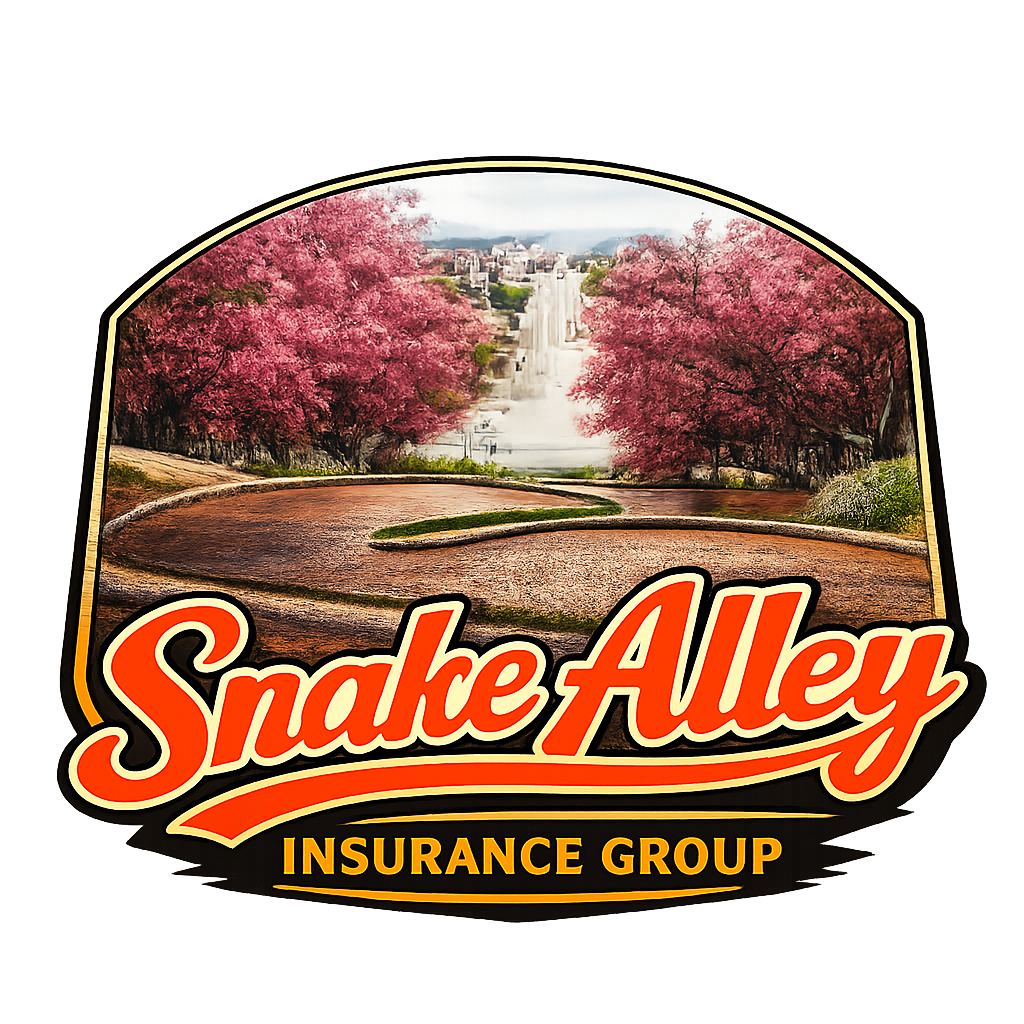 Logo for Snake Alley Insurance Group featuring a scenic background with pink blossoming trees, a winding pathway, a waterfall, and a city skyline in the distance.