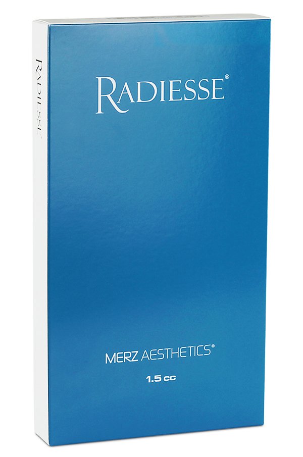 Blue box labeled Radiesse Merz Aesthetics, containing 1.5 cc of a dermal filler.