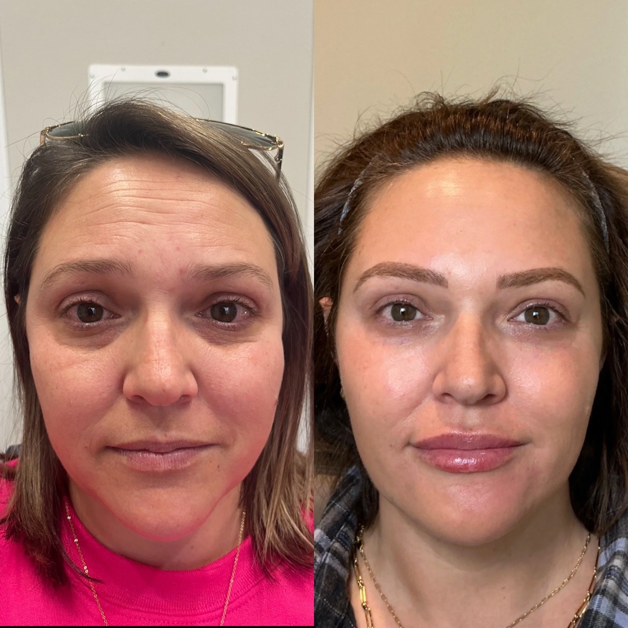 Comparison of two women before and after makeup and grooming, side-by-side.