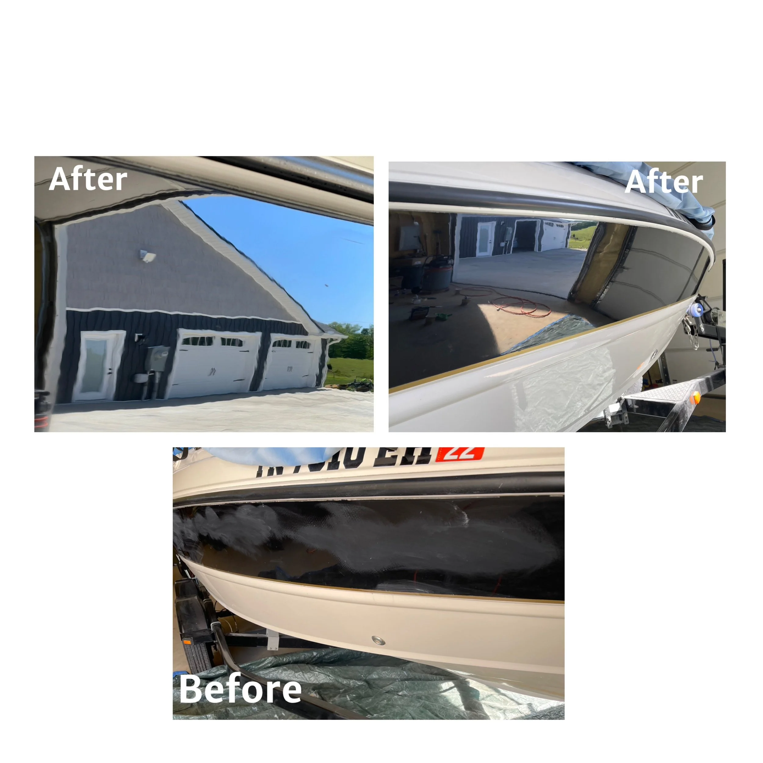 Photo collage showing a boat's hull after polishing. The top left image shows a distorted reflection of a house, labeled 'After'. The top right image shows the hull's smooth, reflective surface inside a garage, also labeled 'After'. The bottom image shows the hull before polishing, with a dull, scuffed surface.