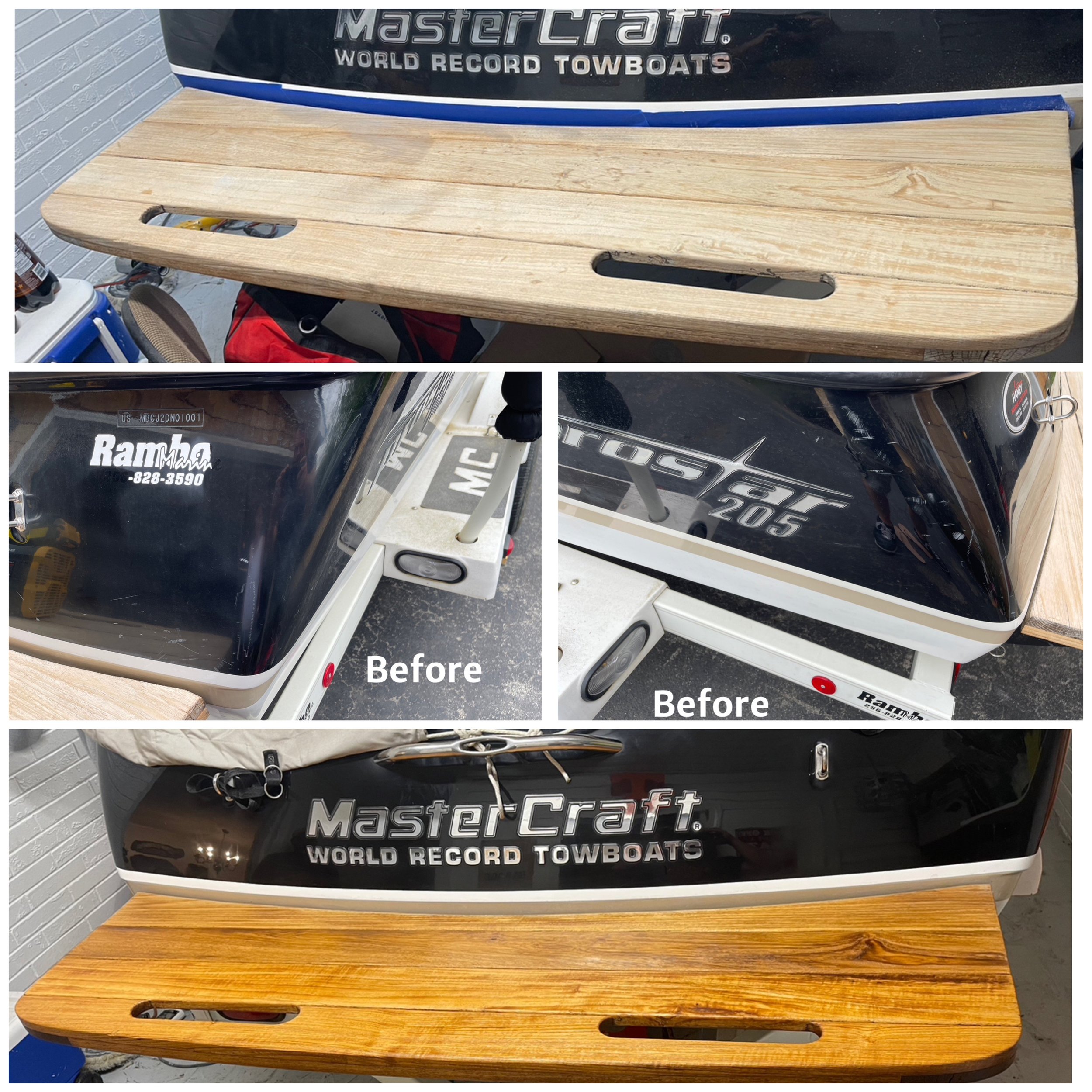 Comparison of a boat's stern and nameplate before and after restoration. The top shows the boat's wooden stern, and the bottom shows the freshly restored wooden stern with a shiny finish. The middle images show the boat's black hull, with 'Before' labels indicating the condition prior to restoration.