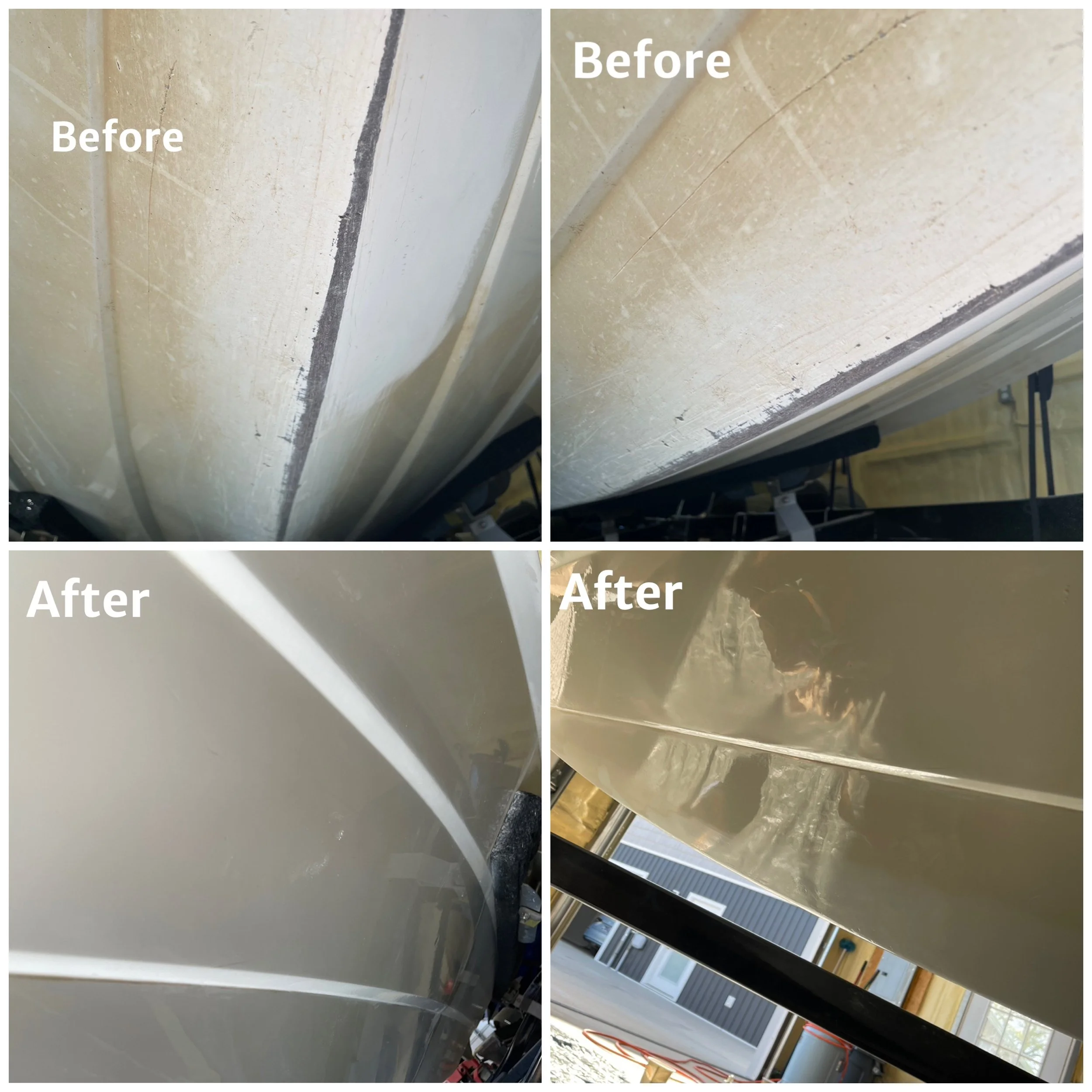 Comparison of a boat hull before and after cleaning and polishing. The top row shows the hull's surface before cleaning, with visible grime and scratches. The bottom row shows the cleaned and polished hull, appearing smooth, shiny, and reflective.
