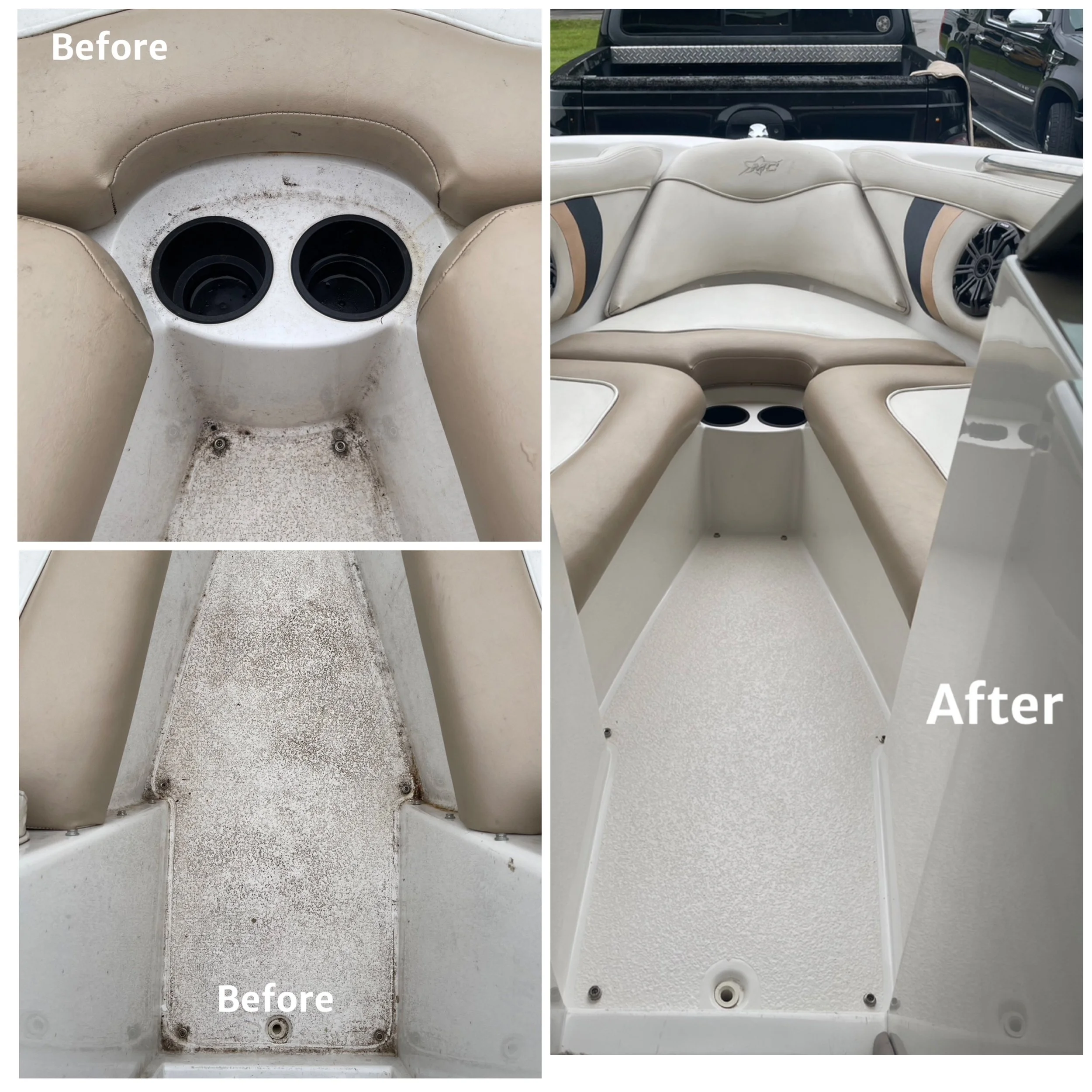 Comparison of a boat interior before and after cleaning, showing dirty and cleaned floor and seating areas.