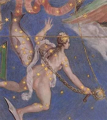 a fresco painting in the late medieval to early renaissance style showing venus aligned with her portion of the pisces constellation and a fish lined up with the other half of the constellation