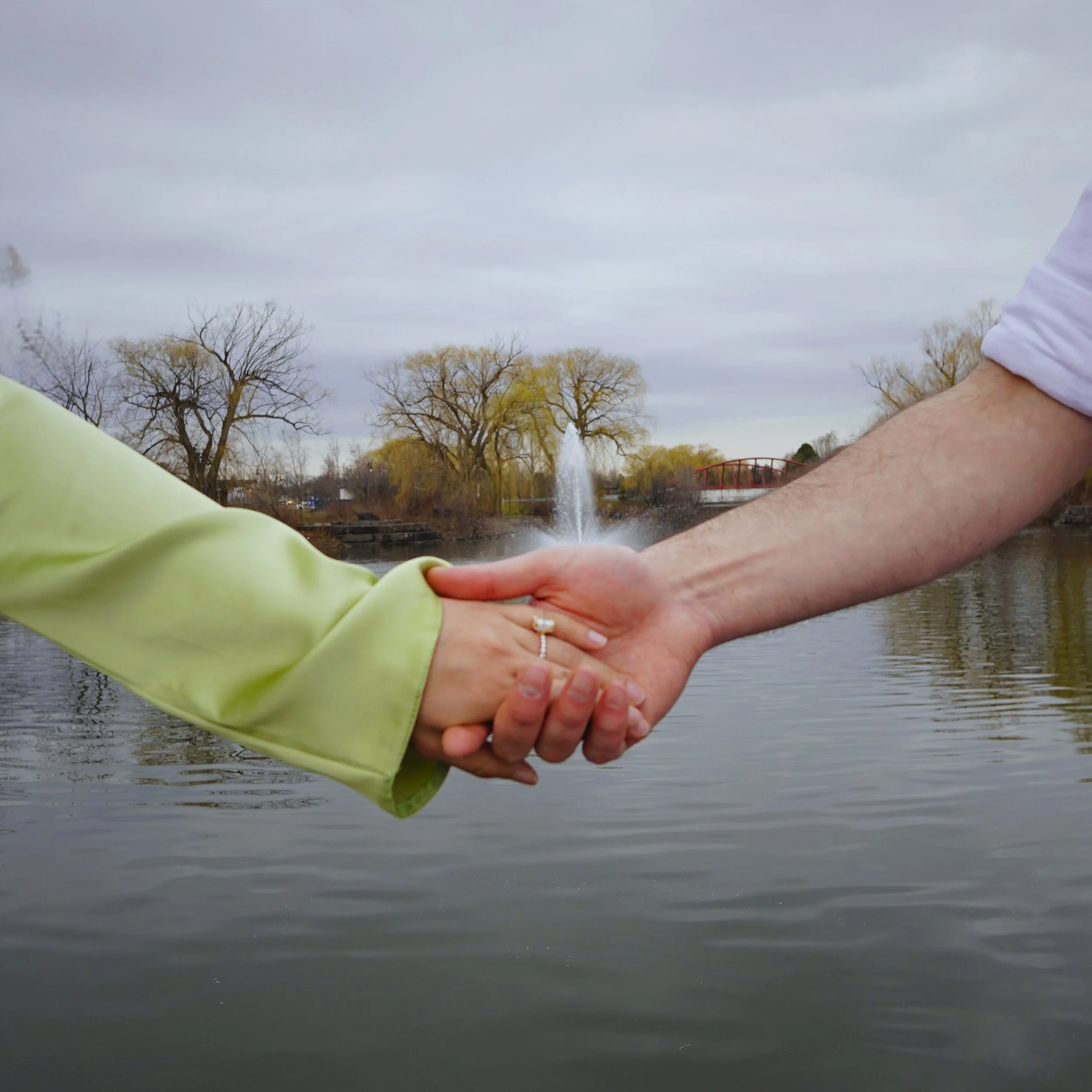 A close-up of a couple holding hands over a lake with a fountain, trees, and an overcast sky in the background.