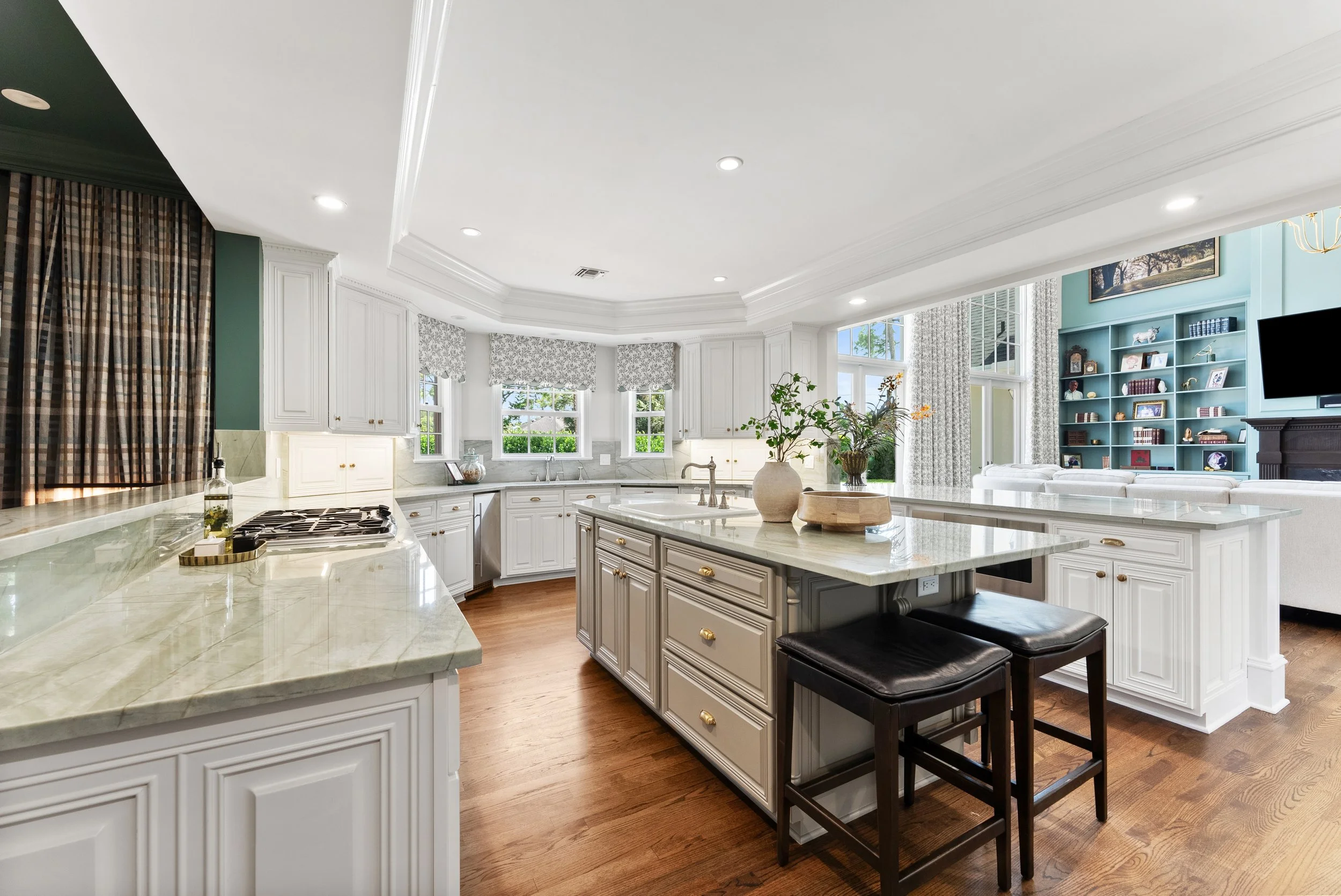 Bright kitchen with white cabinets, marble countertops, an island with decorative plants, and a view into a living room with a blue wall and built-in shelves.
