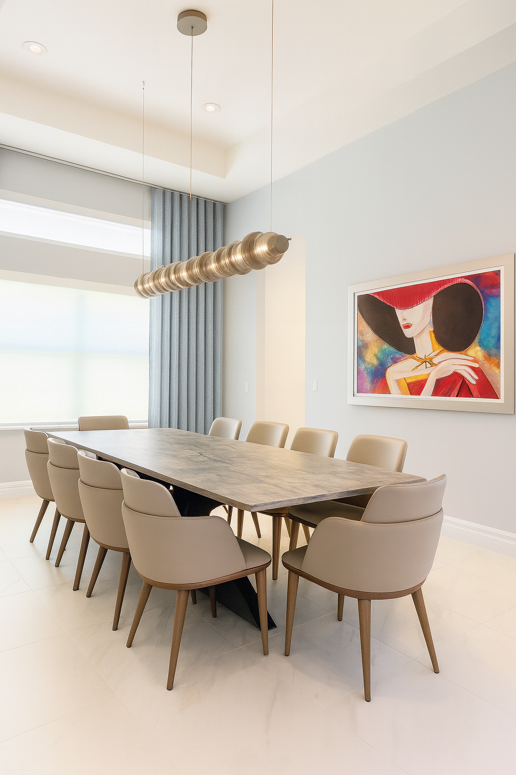 Modern dining room with large wooden table, beige chairs, and a colorful portrait painting of a woman with black hair and red hat on the wall. Pendant light fixture hangs above the table, and window with blue curtains.
