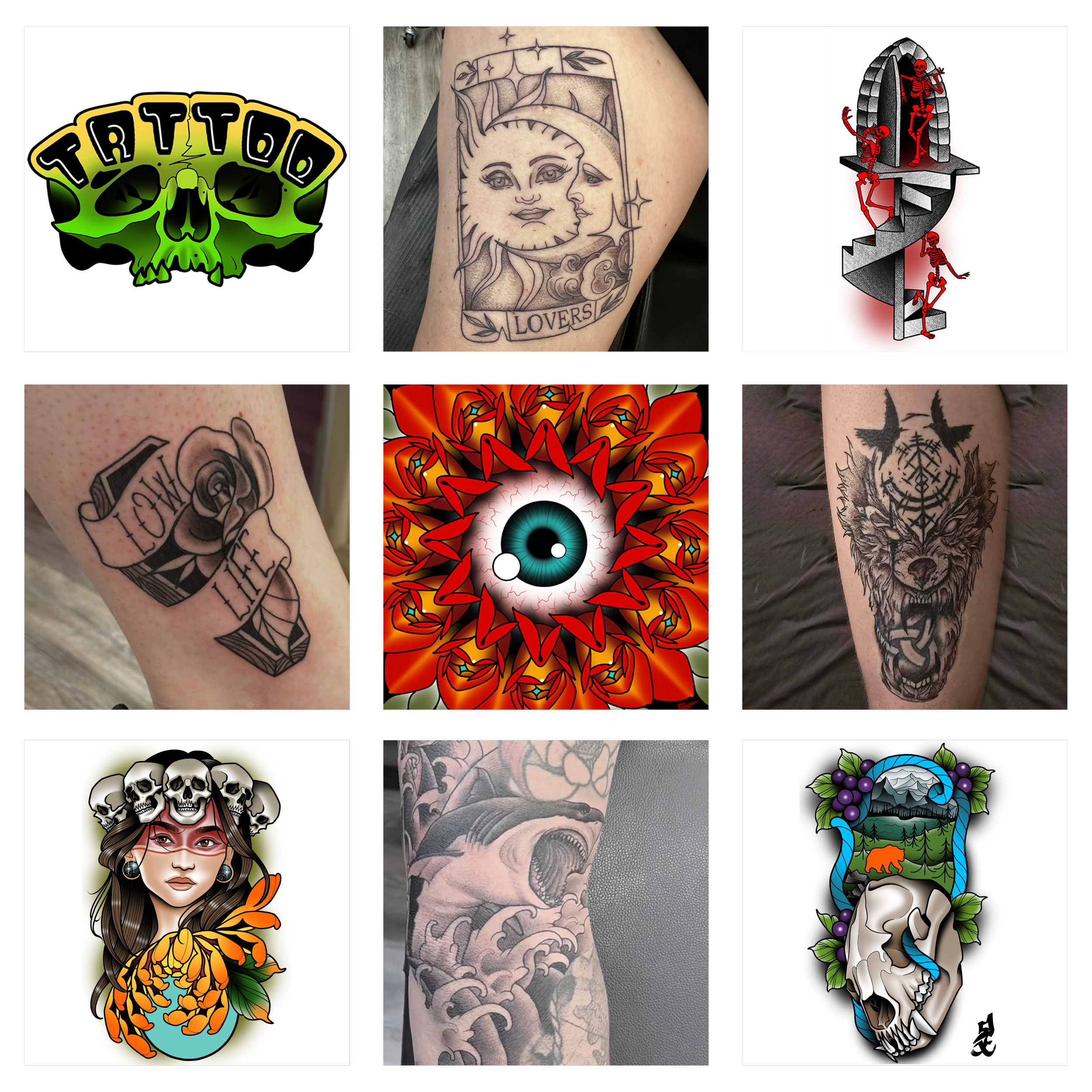 A collage of nine images featuring various tattoo designs and artwork. Includes a green skull with 'TROTT' written above, black and gray sun and moon faces tattoo, skeletons on a spiral staircase, a rose with tattoo script, a colorful eye surrounded by red and orange design, a wolf head with tribal elements, a woman with a skull crown and floral design, a grayscale sleeve tattoo of a roaring animal, and a skull with scenic landscape and ribbon design.