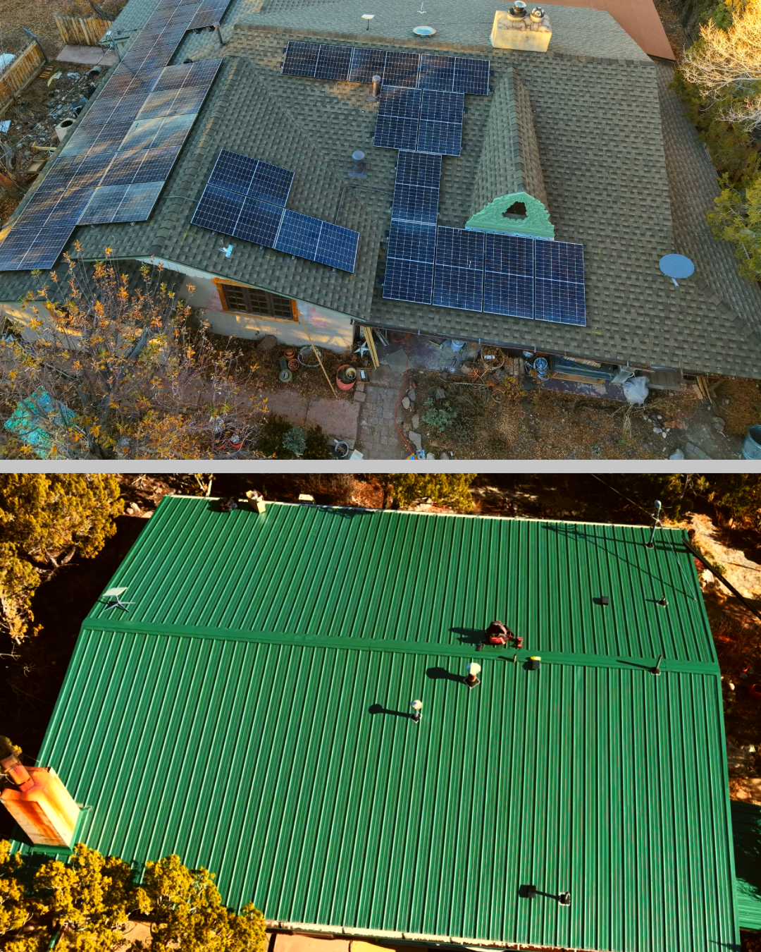 Fortified Roofworx — Aerial view of two buildings with rooftops, the first has solar panels on a shingled roof, and the second has a green metal roof with multiple vents and lights.