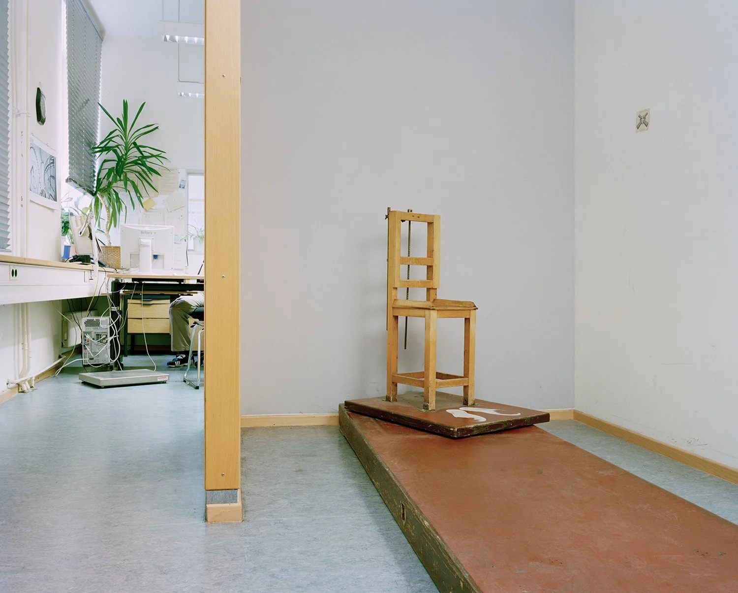 Police Headquarters, Munich, 1923 / 2008.
The “mug shot chair” from the 1920s remains in use. It is said that Hitler sat here after the failed Beer Hall Putsch in 1923, though the photographic records were destroyed in the 1930s. 
