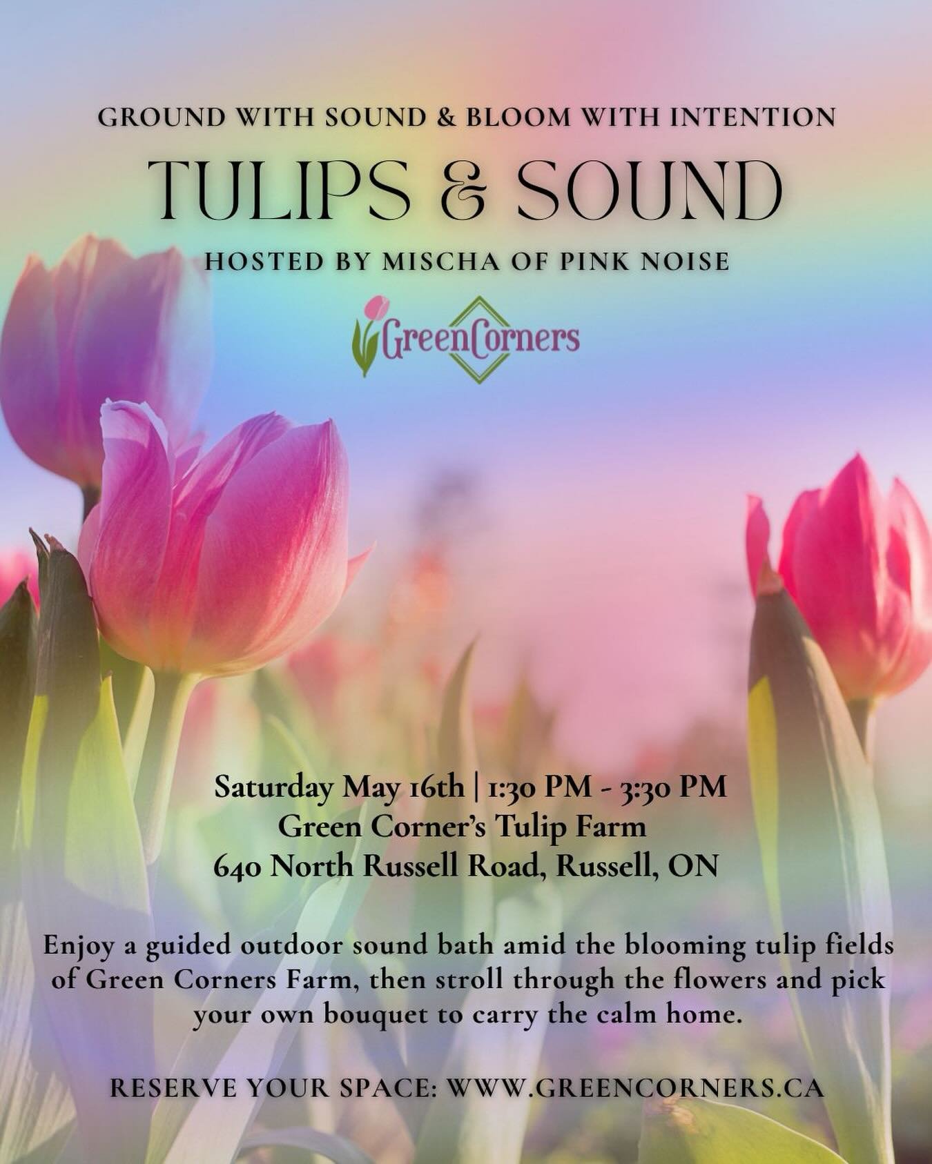 So excited to be teaming up with Green Corners Farm on Saturday May 16th to bring you a beautiful springtime experience filled with botanics and relaxation.

Join us for a restorative outdoor sound bath nestled in the blooming beauty of Green Corners