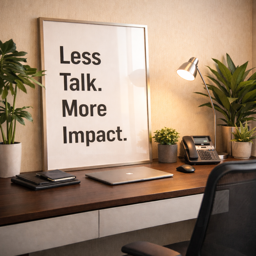 Modern office workspace with greenery and a framed sign reading “Less Talk. More Impact,” representing focused, results-driven work.