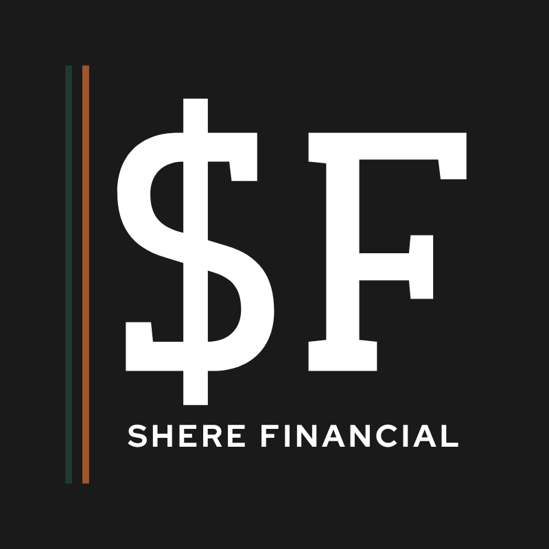 Logo for Shere Financial featuring large white dollar sign and letters 'S' and 'F' on a black background with vertical red and green stripes on the left.