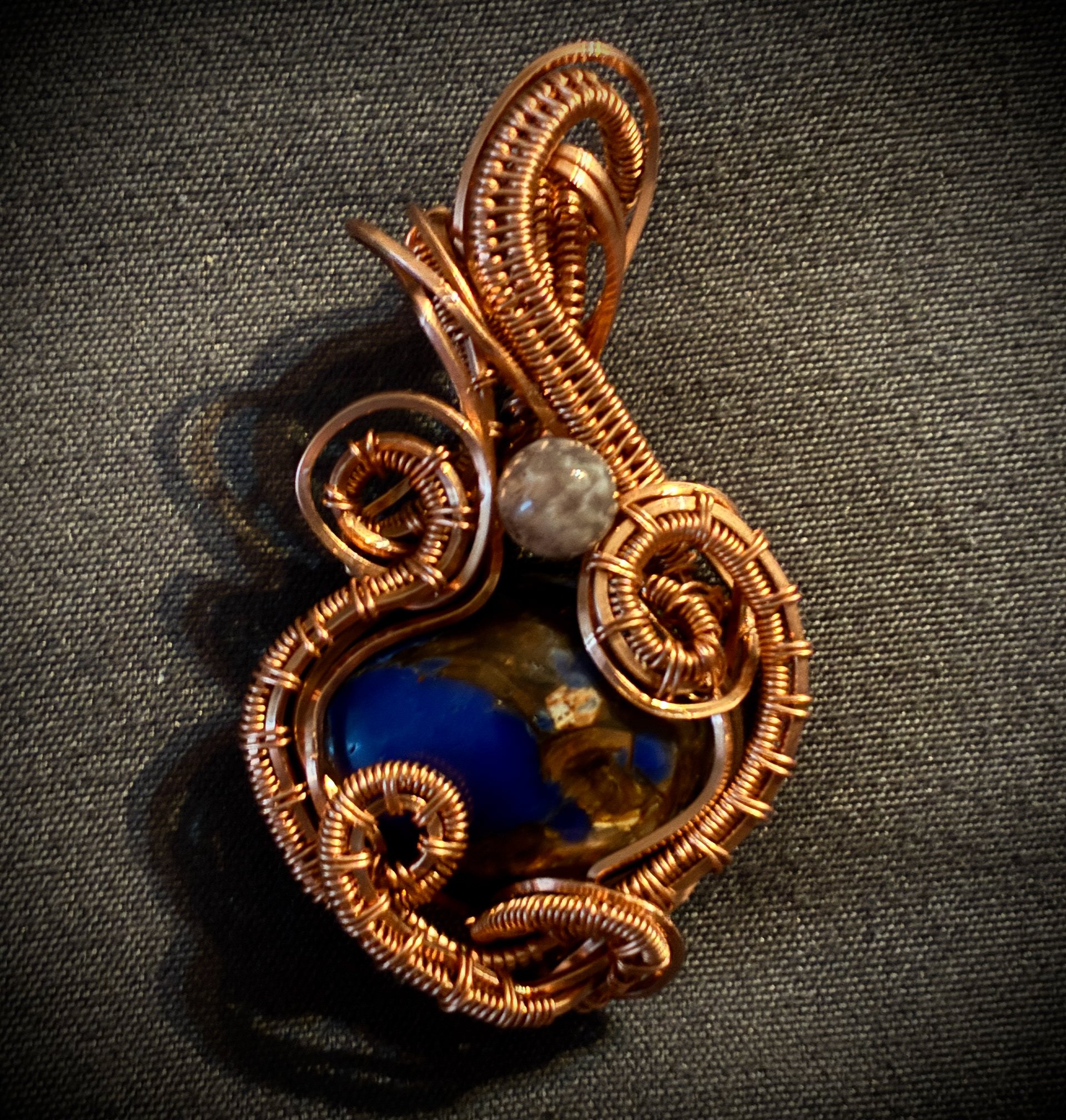 Lapis with bornite, agate bead, bare copper 2.jpg