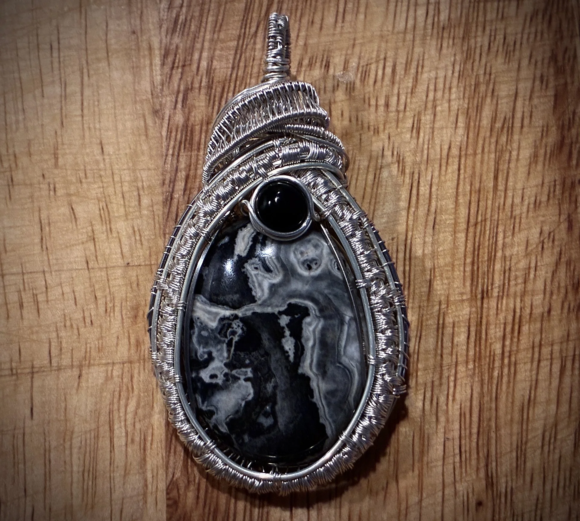 Black lace agate, onyx accent stone, silver coated copper 1.jpg