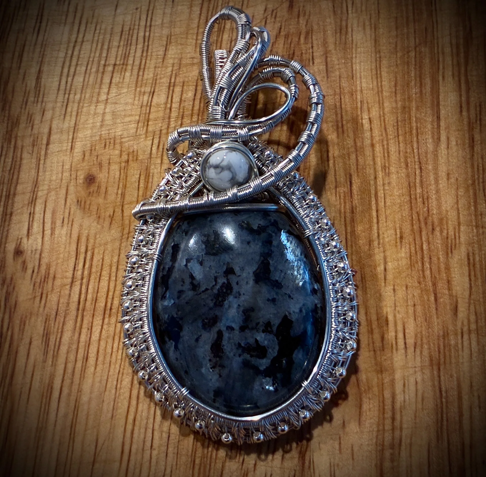 Larvikite, White Buffalo Stone accent, silver filled wire 1.jpg