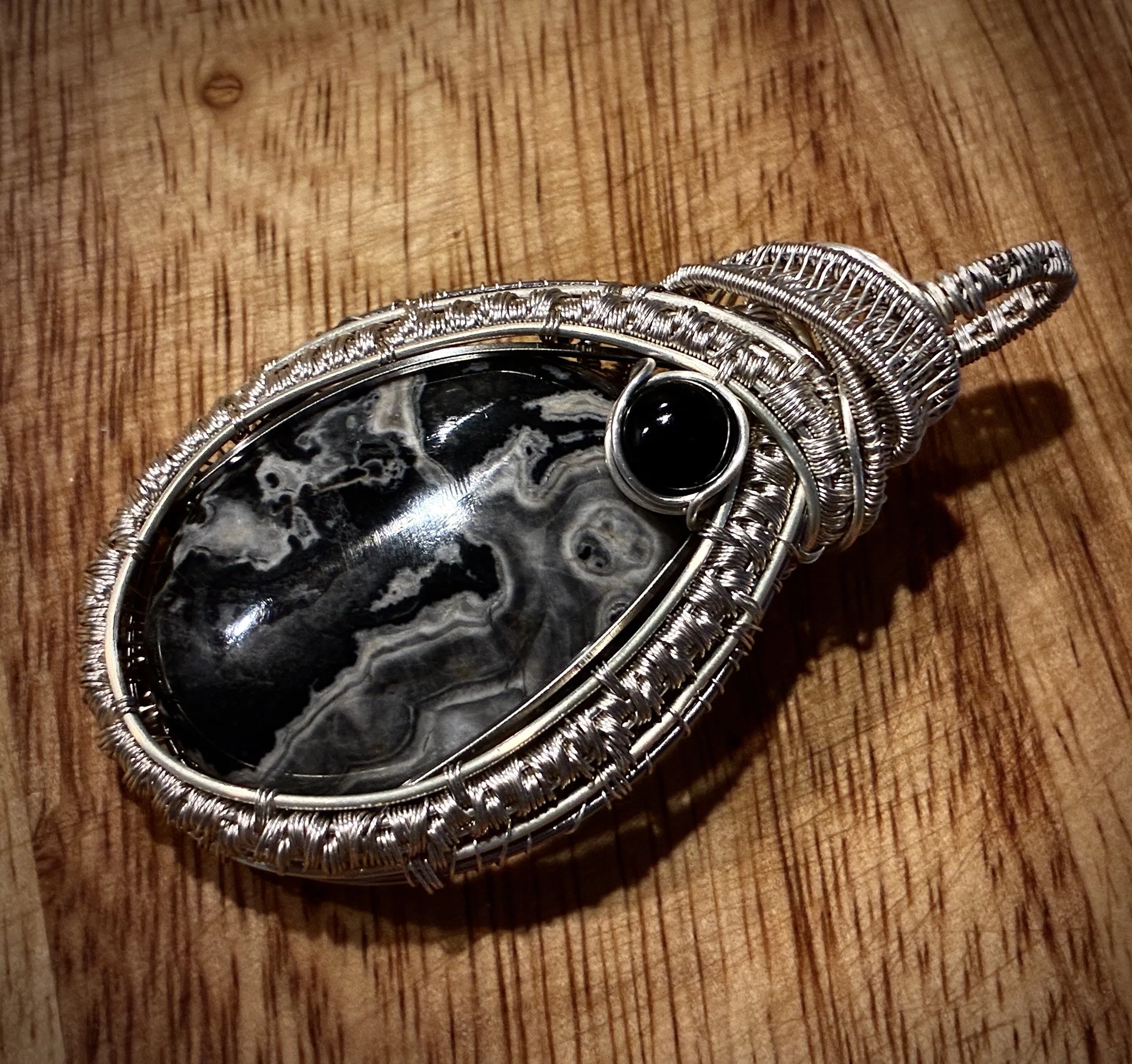 Black lace agate, onyx accent stone, silver coated copper 2.jpg