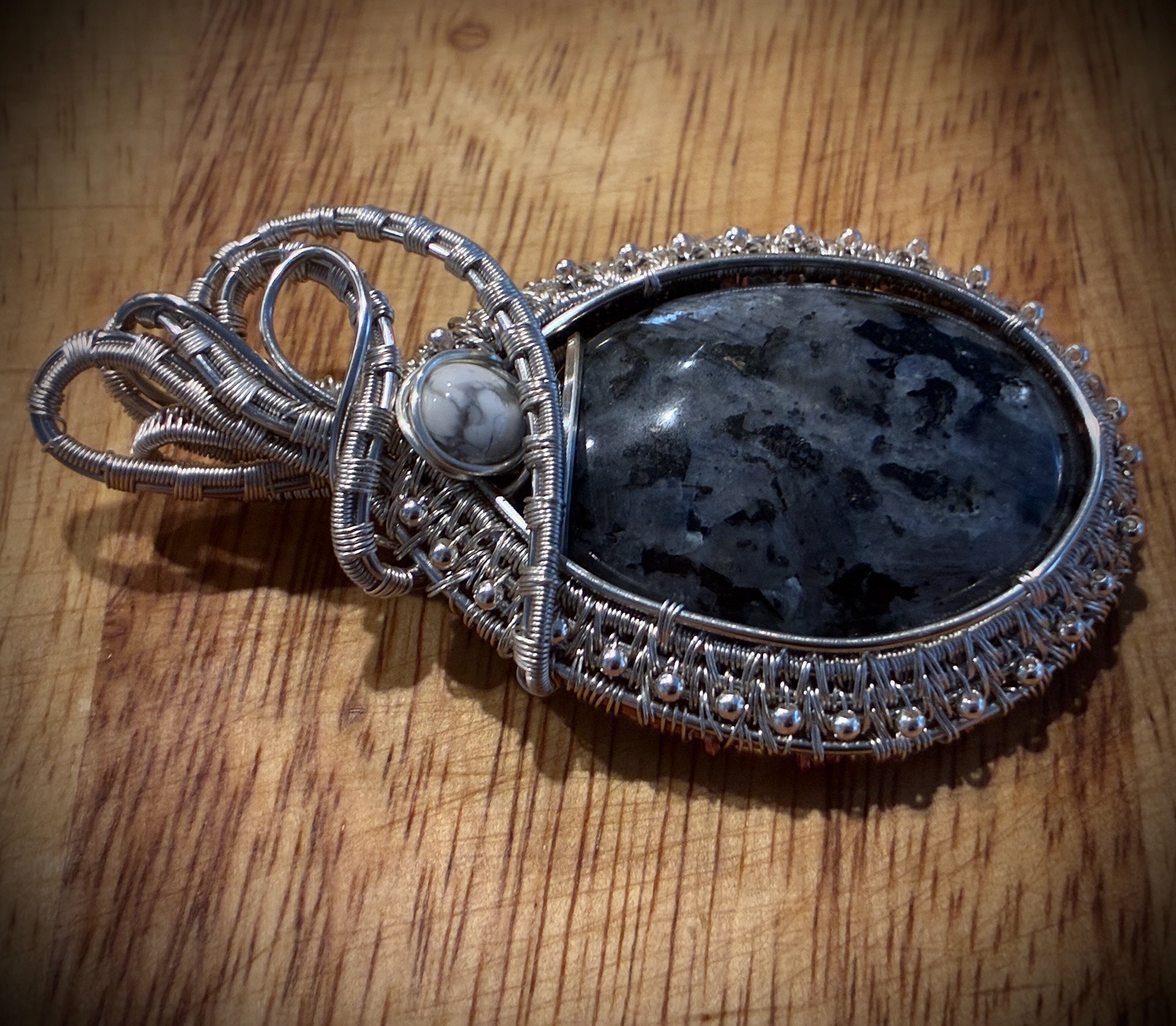 Larvikite, White Buffalo Stone accent, silver filled wire 2.jpg
