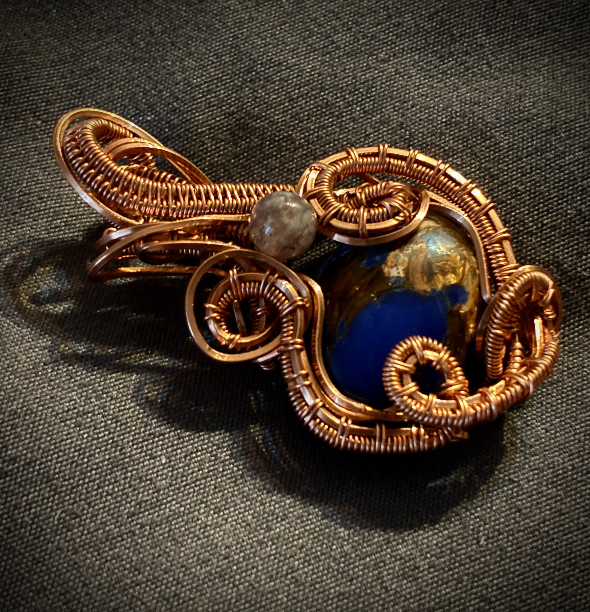 Lapis with bornite, agate bead, bare copper 1.jpg