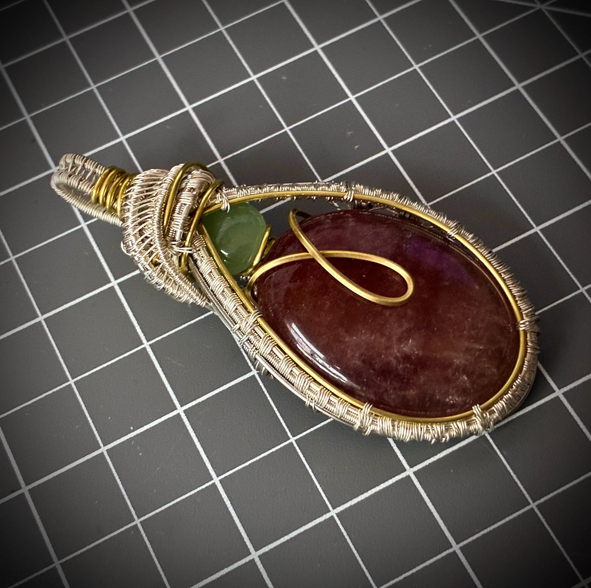 Plum aventurine, green quartz accent, brass, silver coated copper wire, 2.jpg