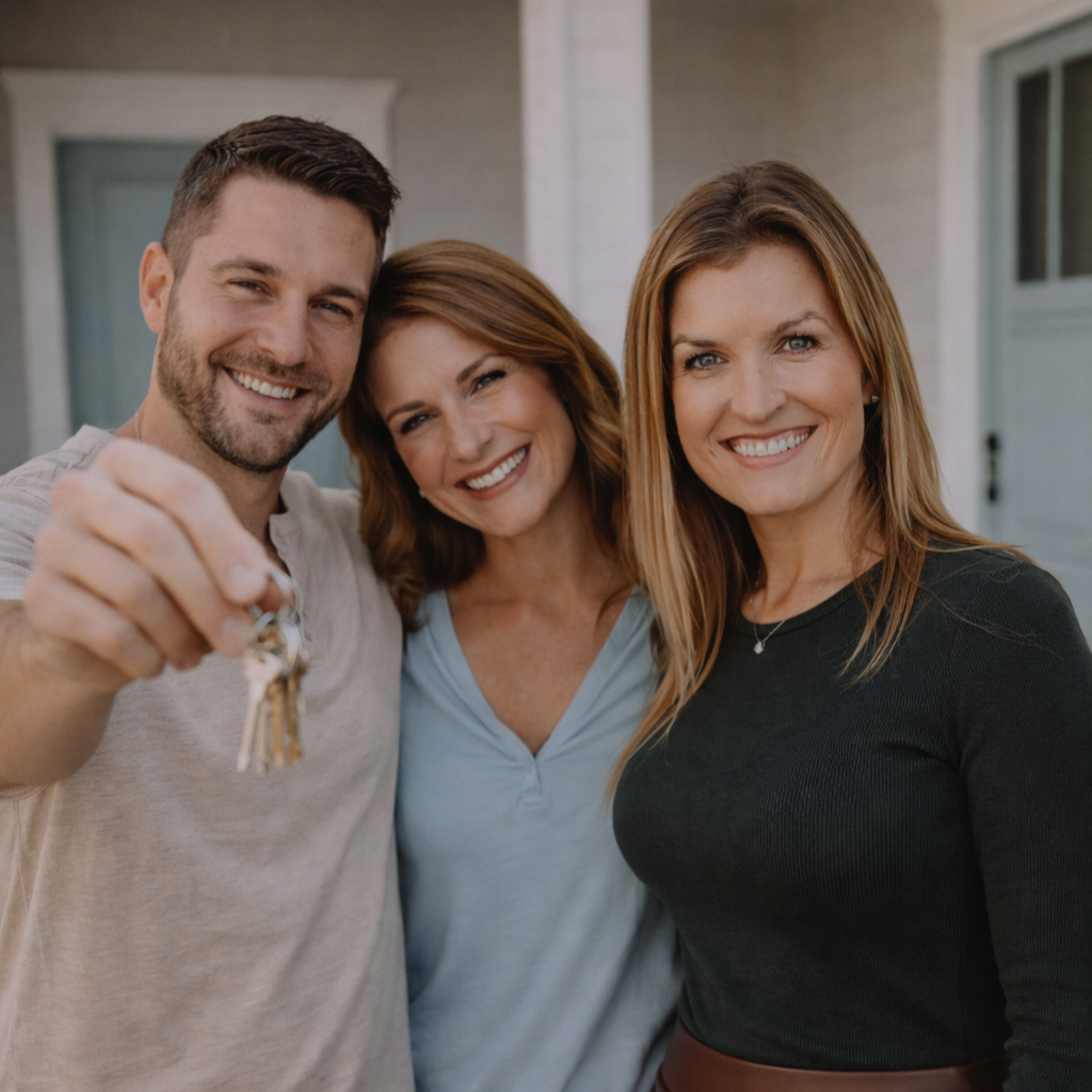 Three smiling adults, two women and one man, standing close together outdoors, with the man holding a set of keys towards the camera.
