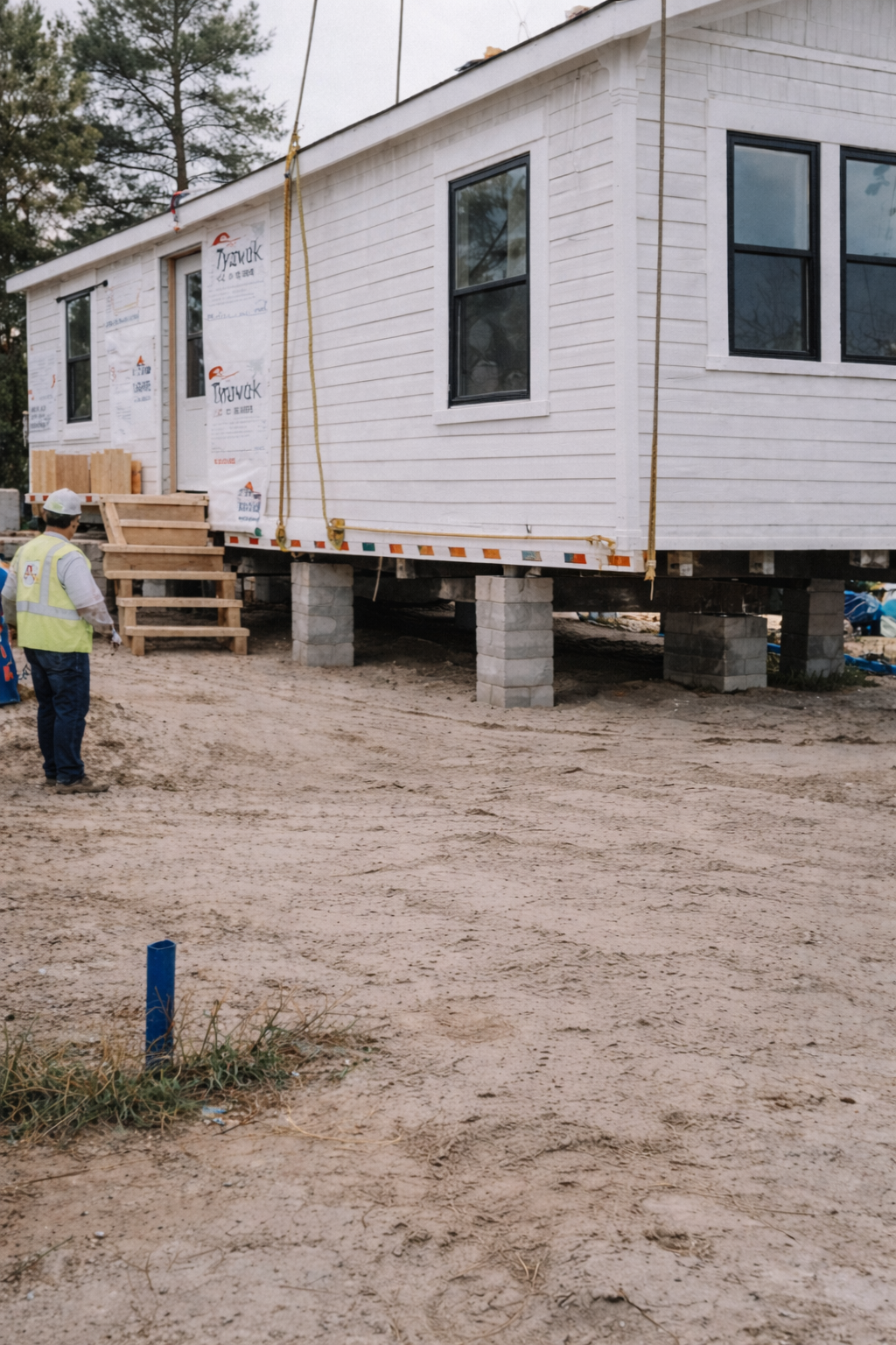 A white house under construction elevated on concrete blocks, with a plywood staircase leading to the front door, and two construction workers observing. The house has black-trimmed windows and wood siding, with construction materials and equipment around.
