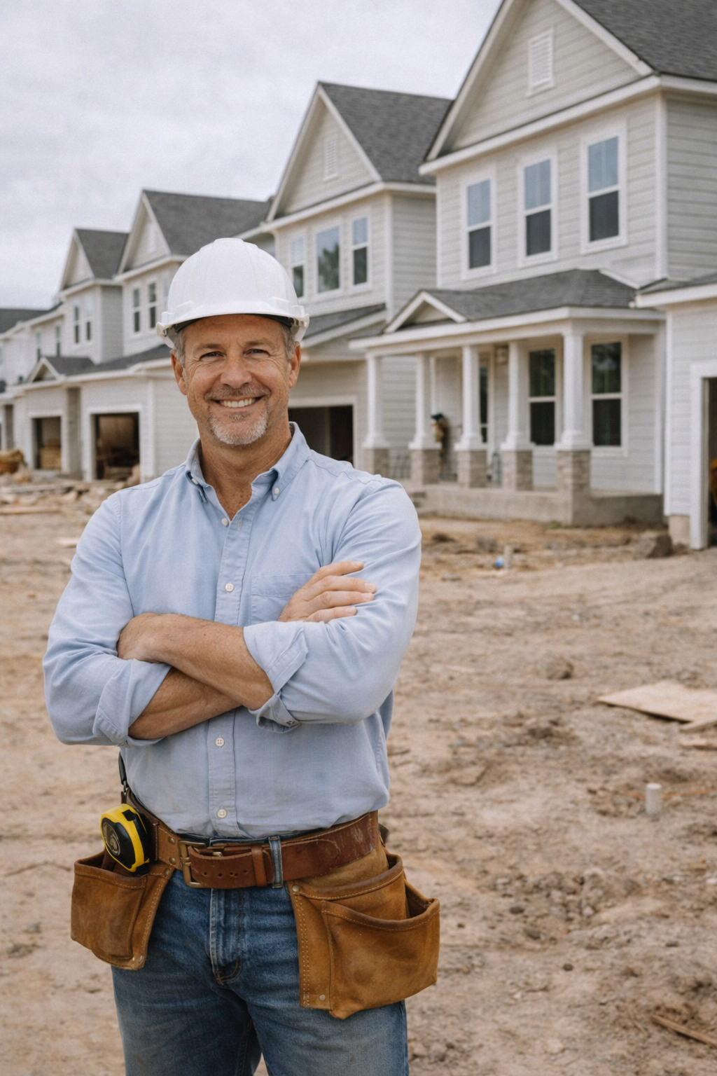 A smiling man in a hard hat and work shirt stands with arms crossed in front of new houses under construction on a dirt lot.