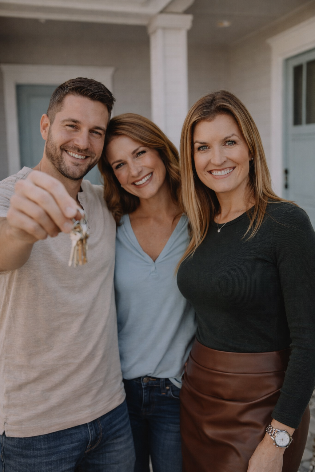 A group of three smiling adults, two women and one man, standing close together outdoors in front of a house. The man is holding a set of keys toward the camera.