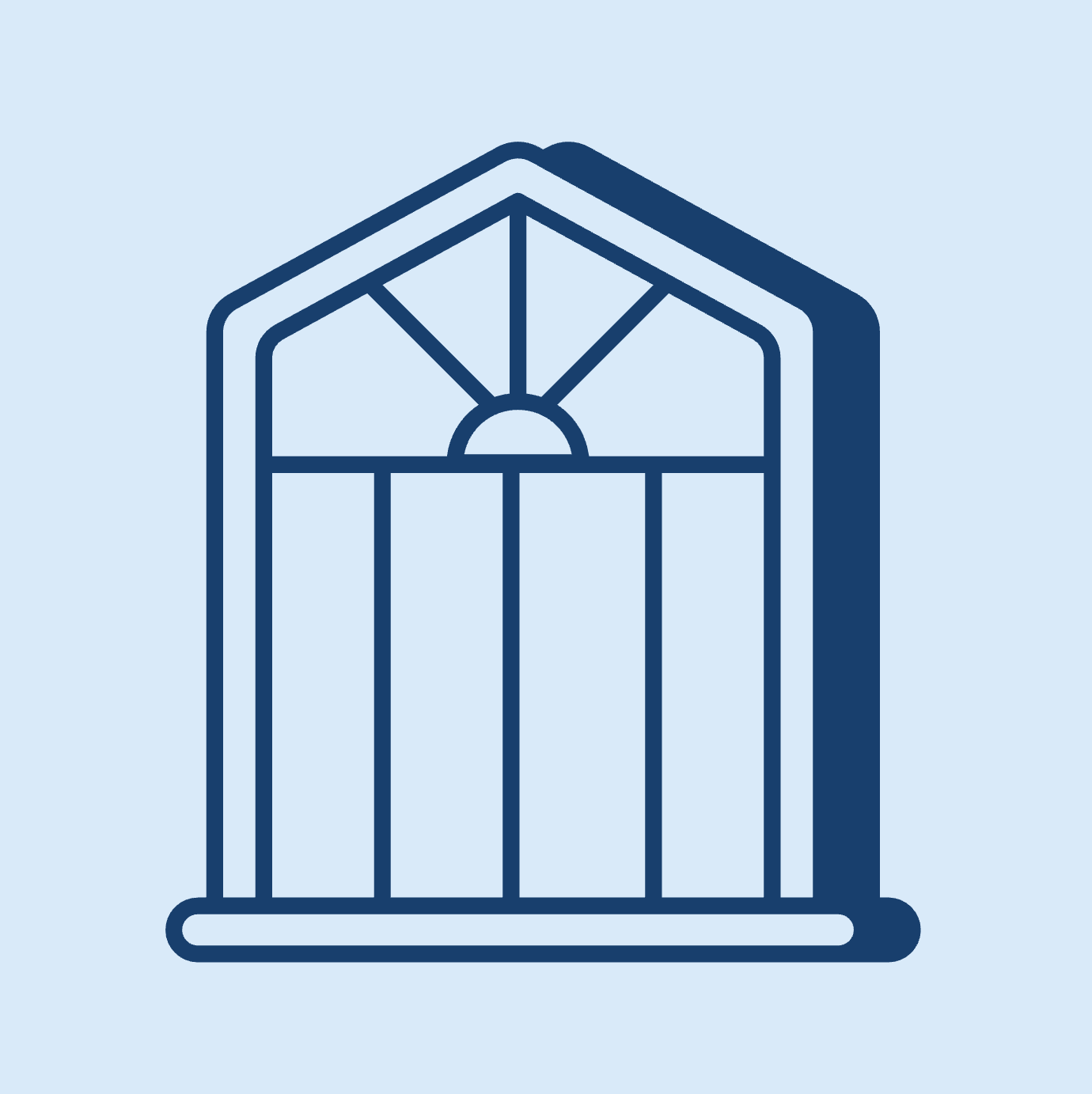 Illustration of a greenhouse with a gable roof and window panels.