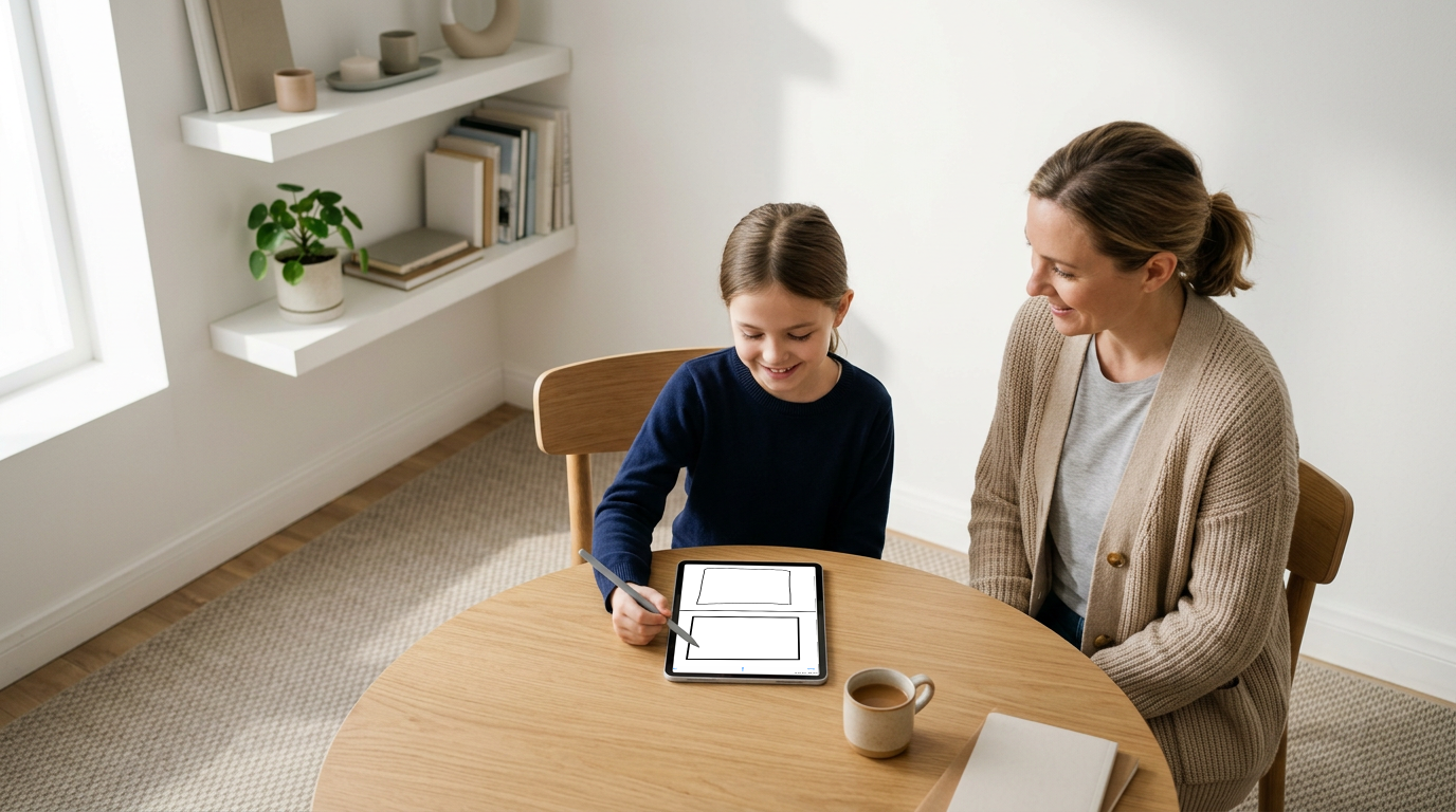 A student draws on an iPad during a VMAT digital visual-motor assessment while a school psychologist looks on