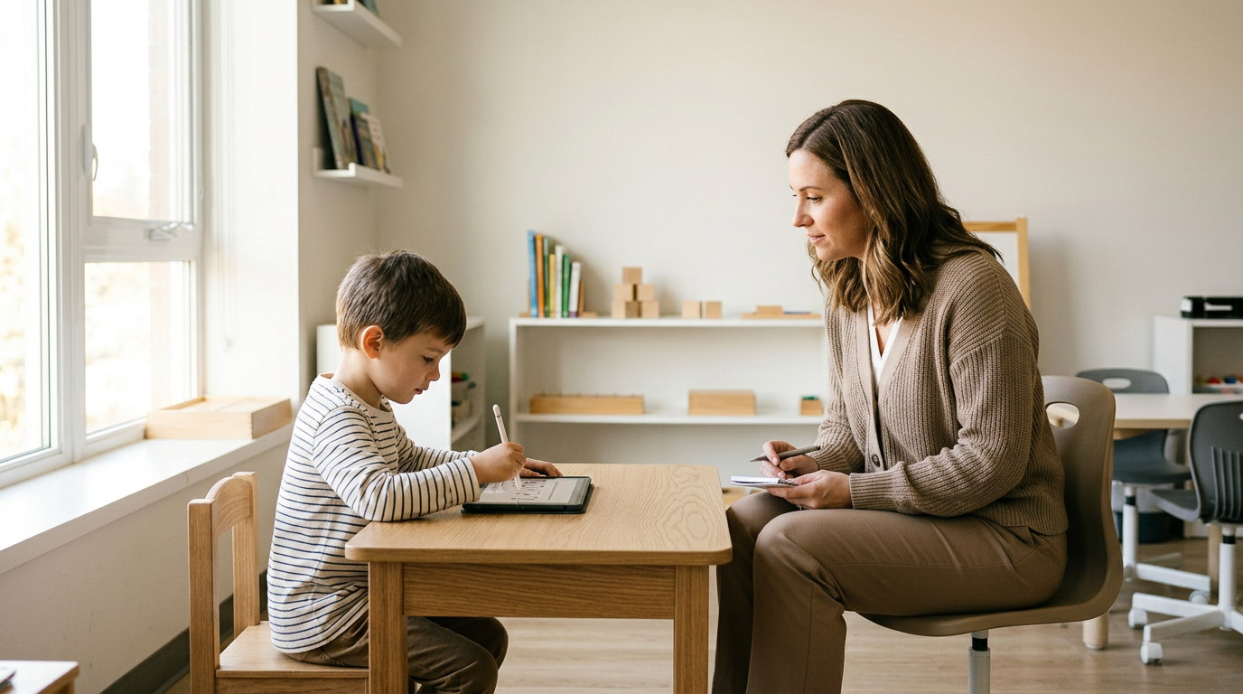 A school psychologist observes an elementary-school student completing a visual-motor assessment on a tablet with a stylus.