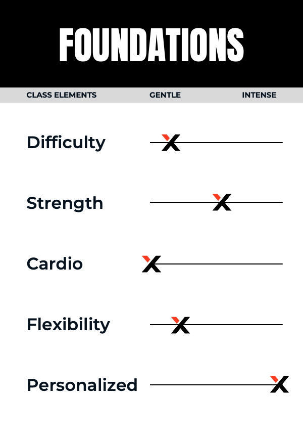 Graphic illustrating a workout program titled "Foundations" with elements of difficulty, strength, cardio, flexibility, and personalization, each marked on a gentle to intense scale.