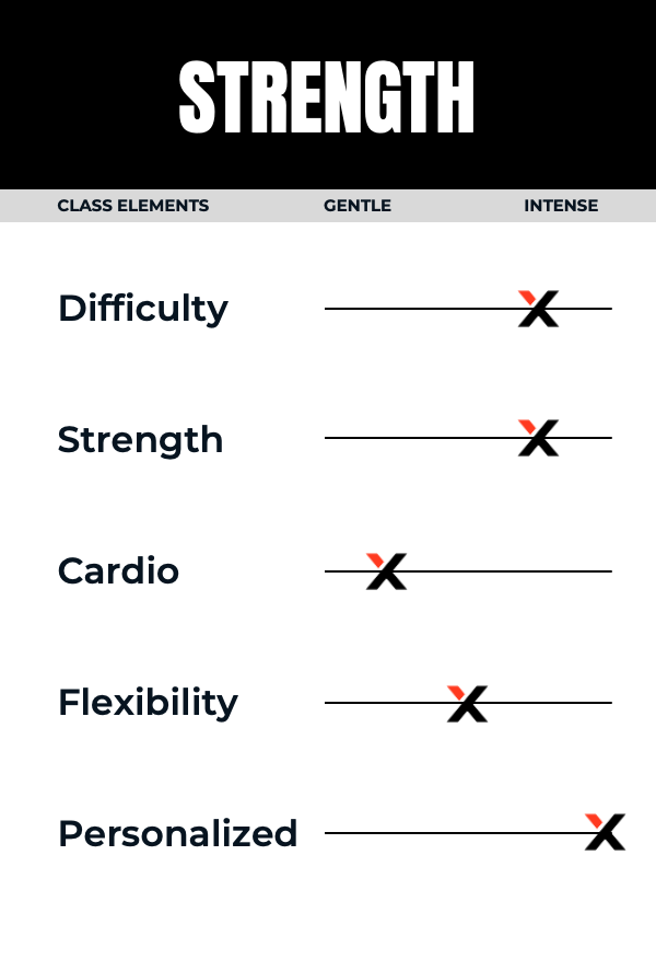 Strength class intensity chart with elements: Difficulty, Strength, Cardio, Flexibility, Personalized. Indicators range from Gentle to Intense, marked with a red and black X on lines.