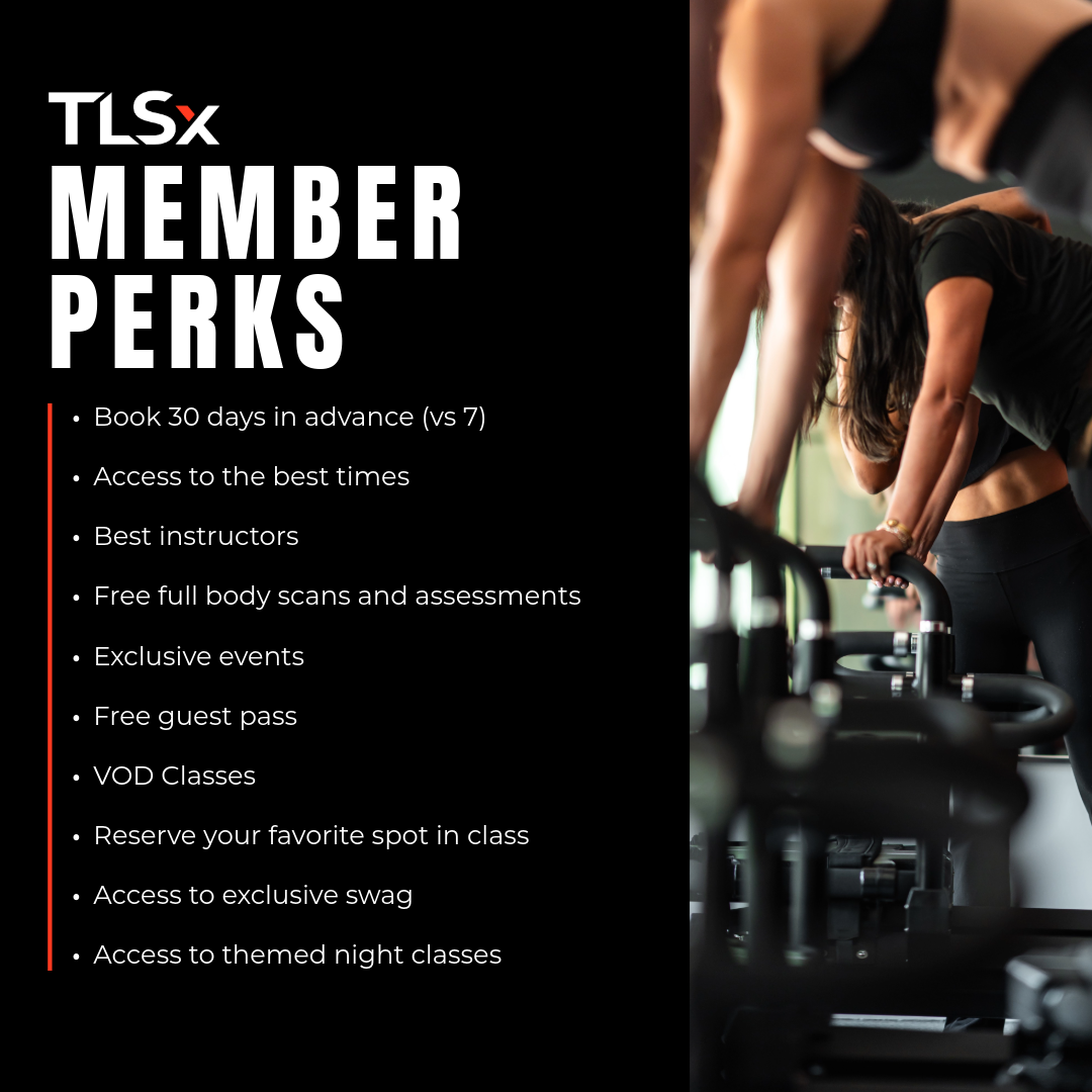 Text overlay on a fitness gym advertisement lists TLSx member perks, including booking 30 days in advance, access to the best times, top instructors, free full-body scans and assessments, exclusive events, free guest pass, VOD classes, reserving favorite spots, exclusive swag, themed night classes, with an image of people working out in the background.