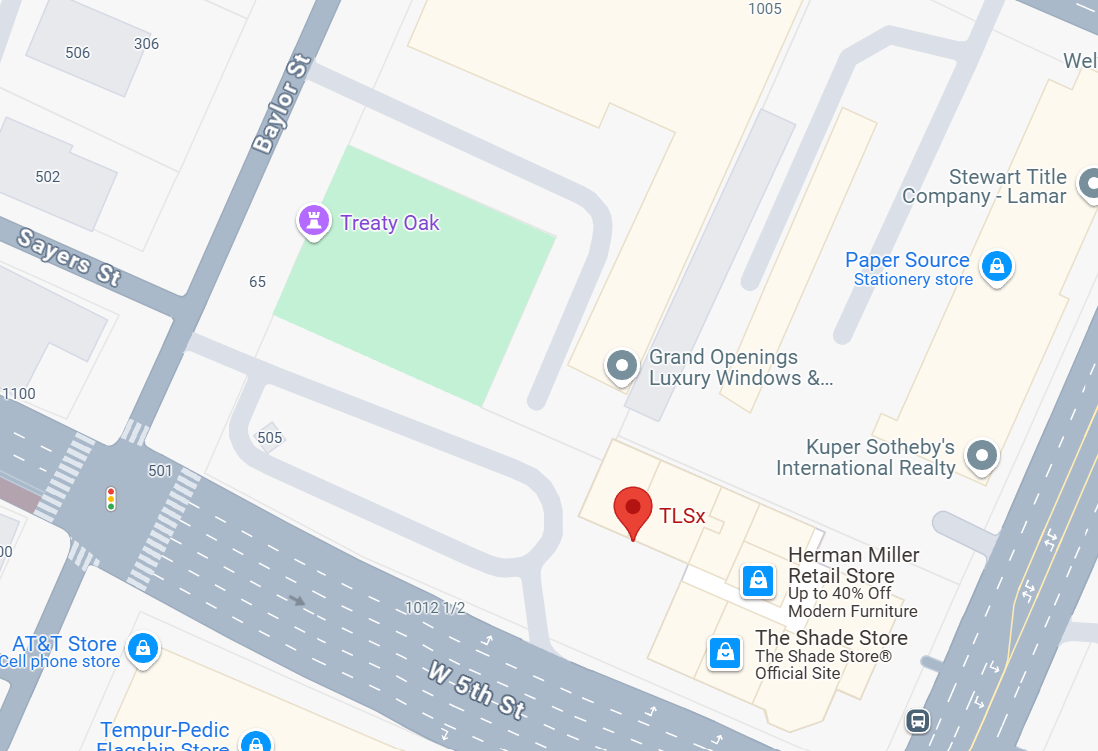 Map showing the intersection of Baylor Street and Sayers Street, with various stores nearby including an AT&T store, Herman Miller retail store, and The Shade Store, along with icons for other stores and landmarks.