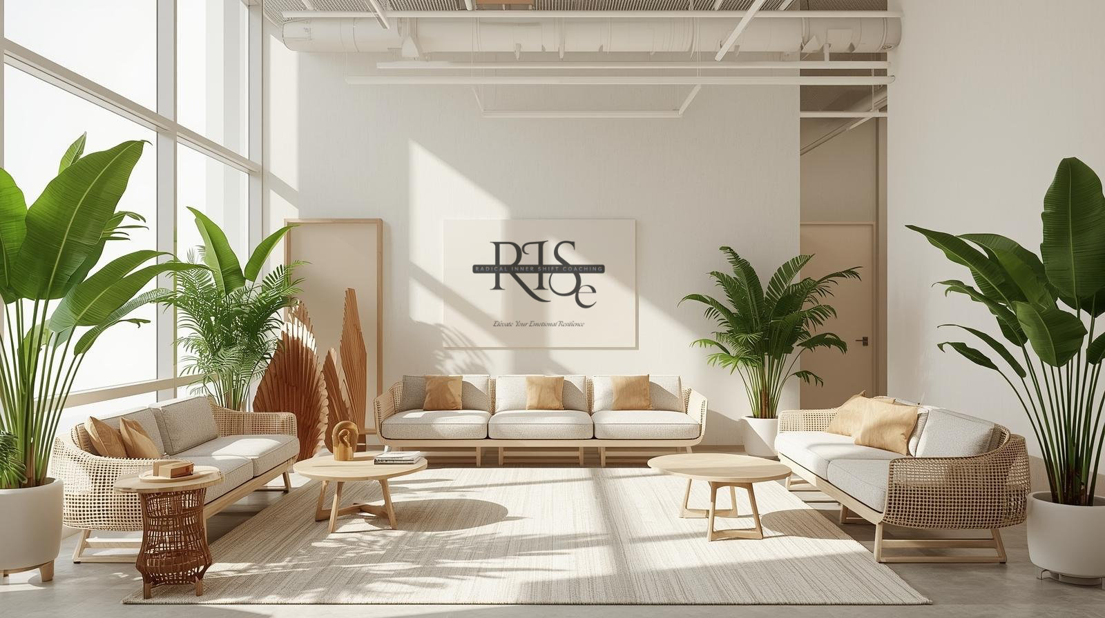 Bright, modern waiting area with white sofas, beige cushions, wooden coffee tables, large green plants, natural light from large windows, and a wall sign reading 'RICE' with the slogan 'Elevate Your Emotional Resilience'.