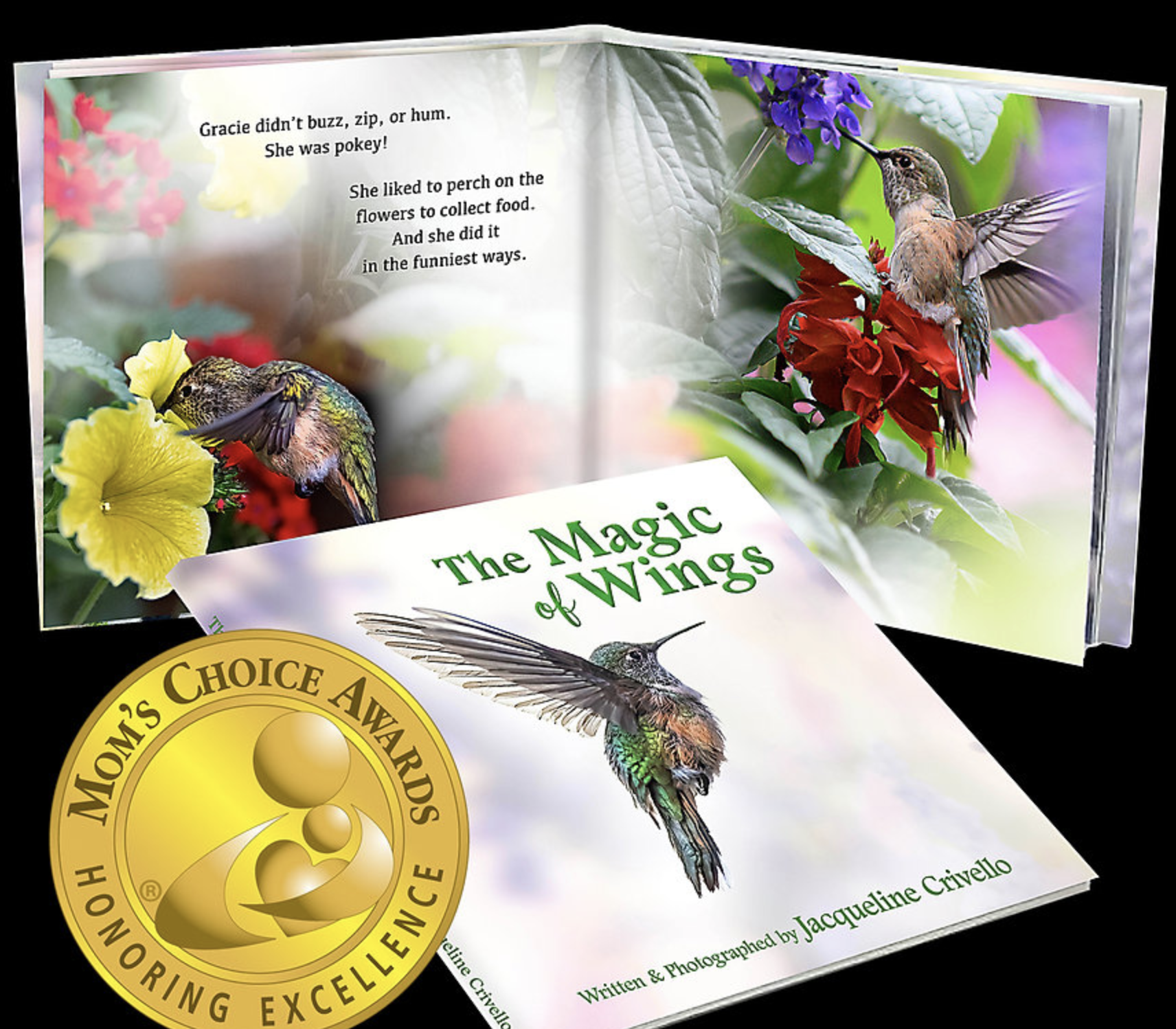 Open children's book titled "The Magic of Wings" by Jacqueline Civello, featuring colorful hummingbird illustrations, with a Mama's Choice Award seal beside it, and pages showing hummingbirds perched on flowers.