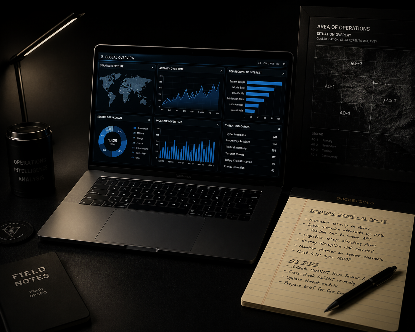 Revenue intelligence dashboard open on laptop with strategic planning notes — Maine Stream Solutions Scout Apex Velocity