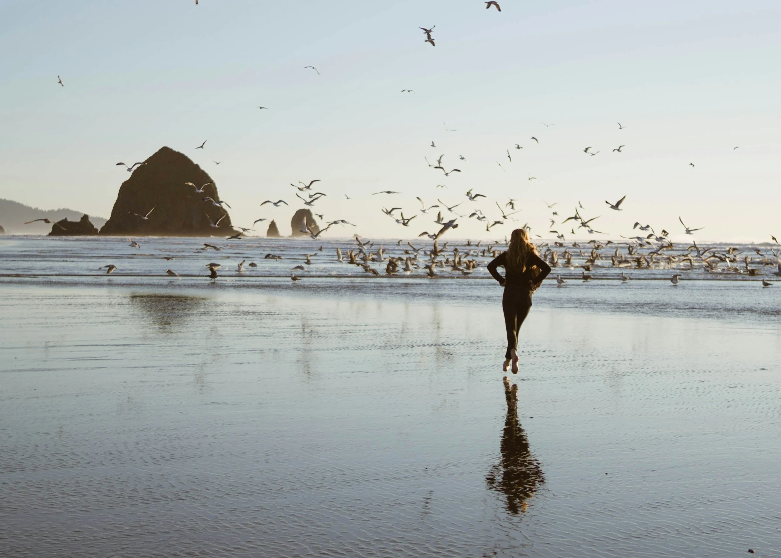 A woman standing on the beach facing the ocean with her hands on her hips, surrounded by seagulls flying overhead and on the shoreline, with rocky formations in the background during the daytime.