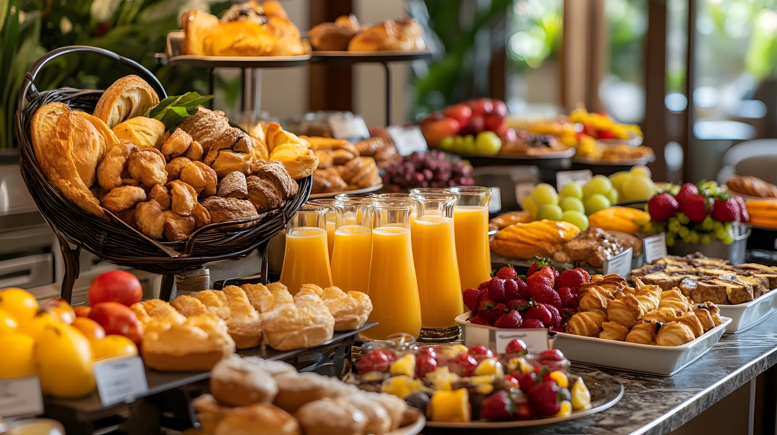 Assorted pastries, fresh strawberries, grapes, and glasses of orange juice on a breakfast buffet table.