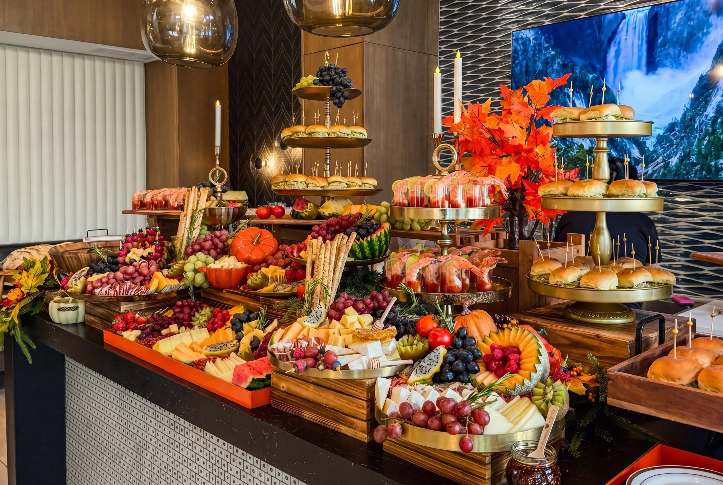 Gourmet catering buffet display at a Miami corporate event by Francesca's Catering