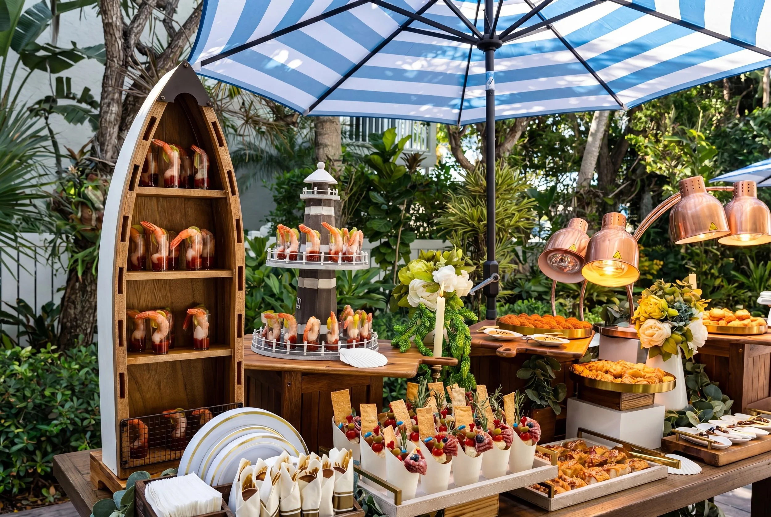 Outdoor garden-party catering with shrimp station by Francesca's Catering, Miami